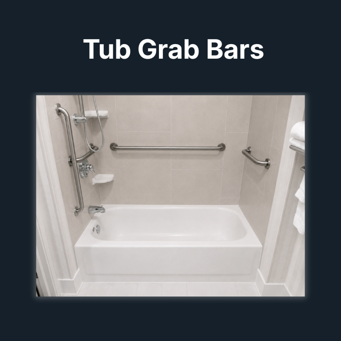 A bathtub with tub grab bars and a showerhead in a bathroom with beige tile walls.