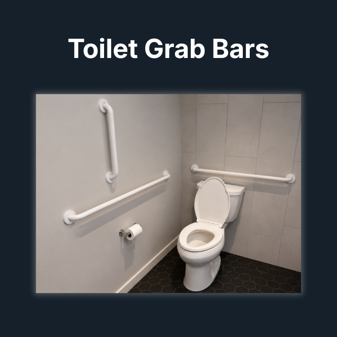 A bathroom stall with a toilet, safety grab bars on the walls, and a toilet paper holder, designed for accessibility.