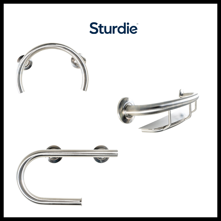 Set of three stainless steel grab bars and a shower caddy against a white background, with the brand name 'Sturdie' at the top.