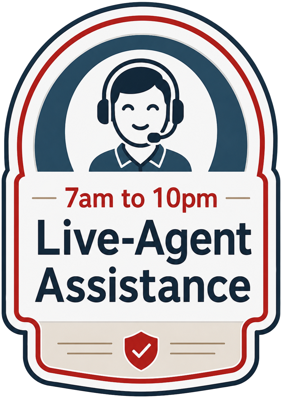 A special badge icon that has the name "Live-Agent Assistance from 7am to 10pm" and informs the visitor to consider that A1 Grab Bar Installers offers live-agent phone call assistance from those times.