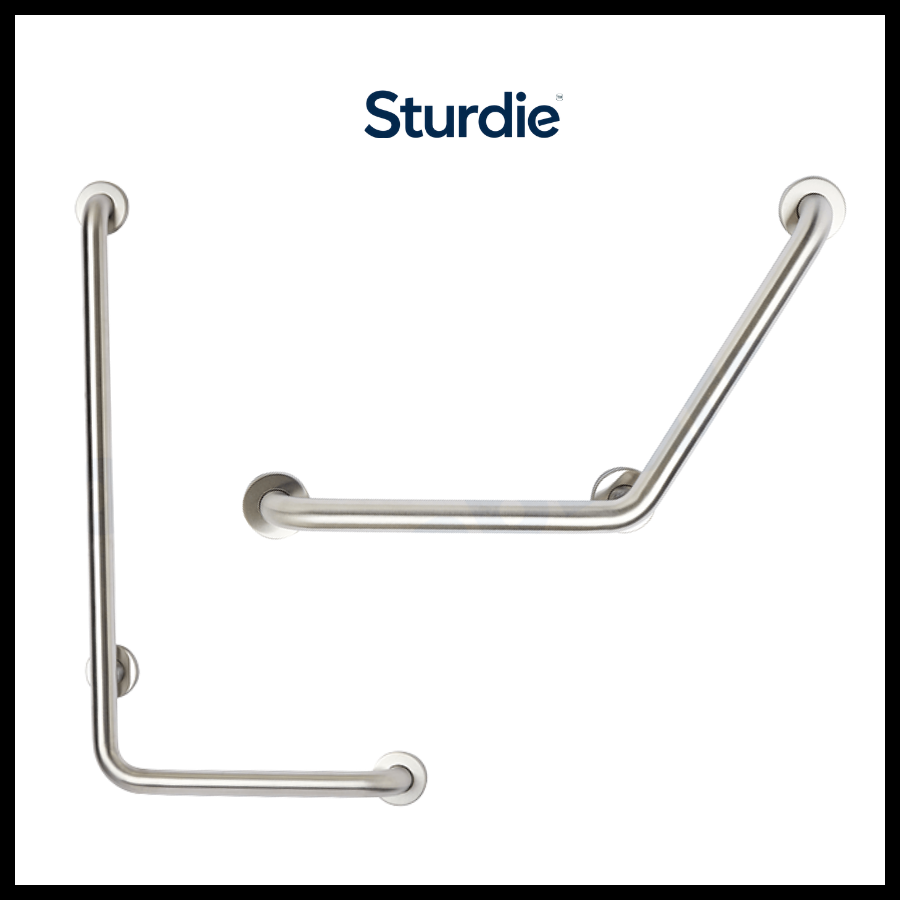 Sturdie logo at the top of a metallic grab bar with three attached sections, resembling a corner grab bar for safety or support.