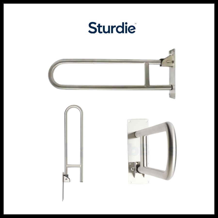 Three types of grab bars and wall-mounted handles used for accessibility and support in bathrooms, against a white background.