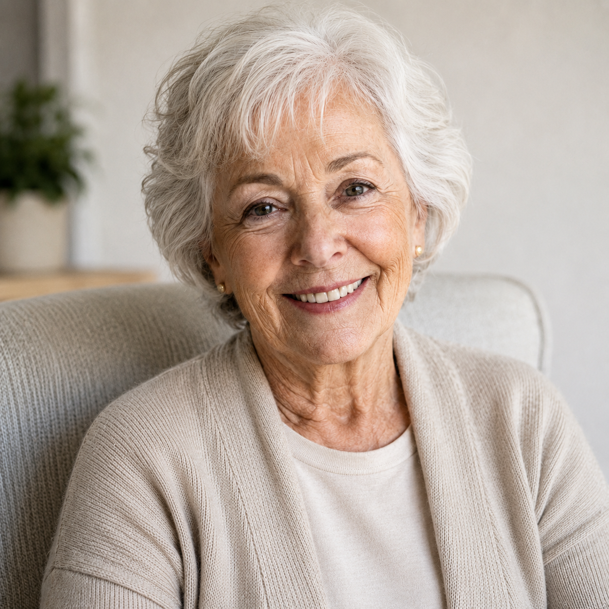 Smiling elderly woman with gray hair, wearing a light beige sweater and gold earrings, sitting on a beige chair in a bright room.