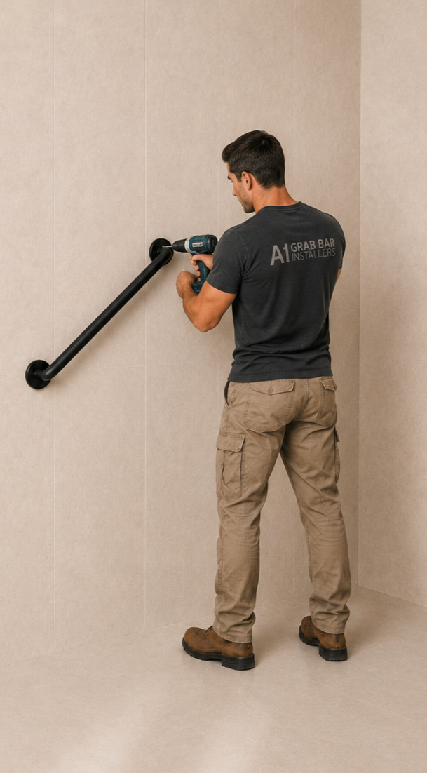 A man installing a black grab bar on a beige wall, using a power drill, wearing a dark t-shirt and khaki cargo pants.