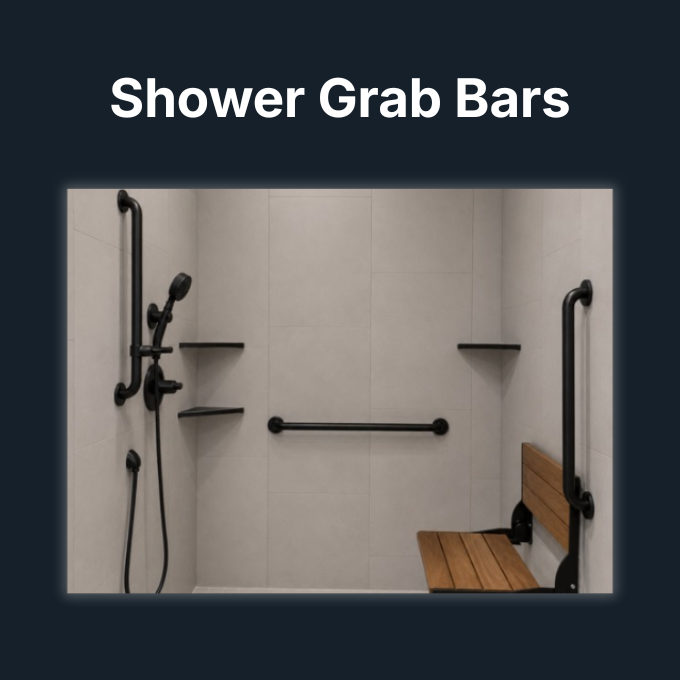 Shower with grab bars, a shower bench, and shelves in a shower stall.