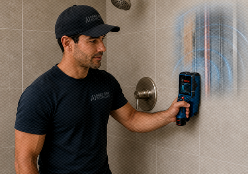 A man in a black cap and t-shirt using a digital radar assisted device on a wall.