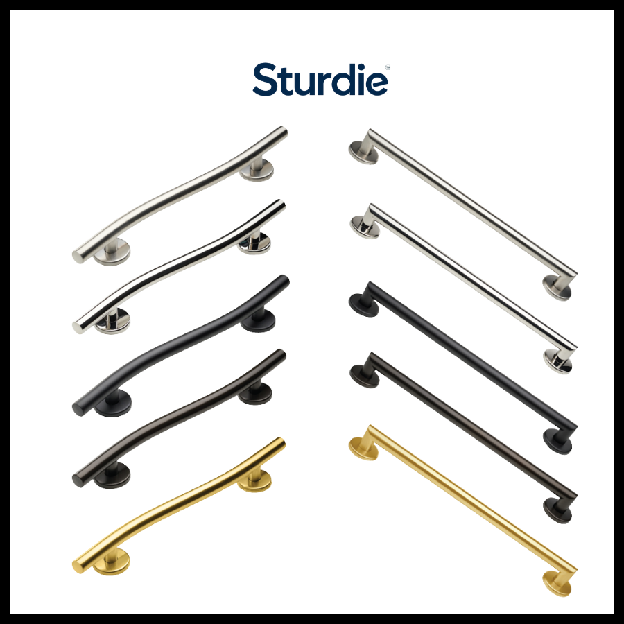A collection of various colored stainless steel drawer and cabinet handles, including silver, black, and gold, displayed vertically with the brand name 'Sturdie' at the top.