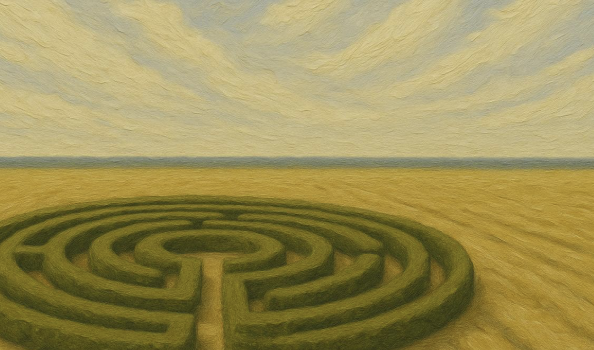 A circular maze on a grassy field, with a cloudy sky overhead.