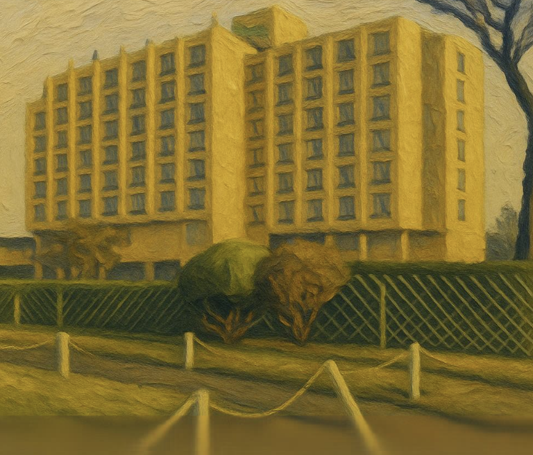 A painting of a yellow apartment building with many windows, surrounded by trees and a fenced grass area in the foreground.