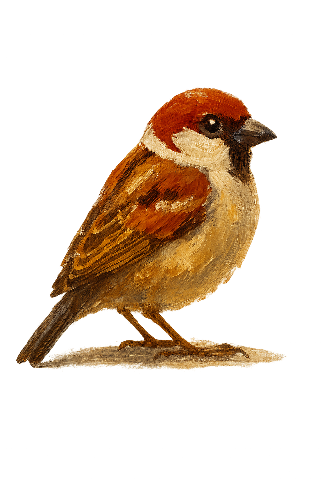 Painted illustration of a sparrow bird standing on a surface.