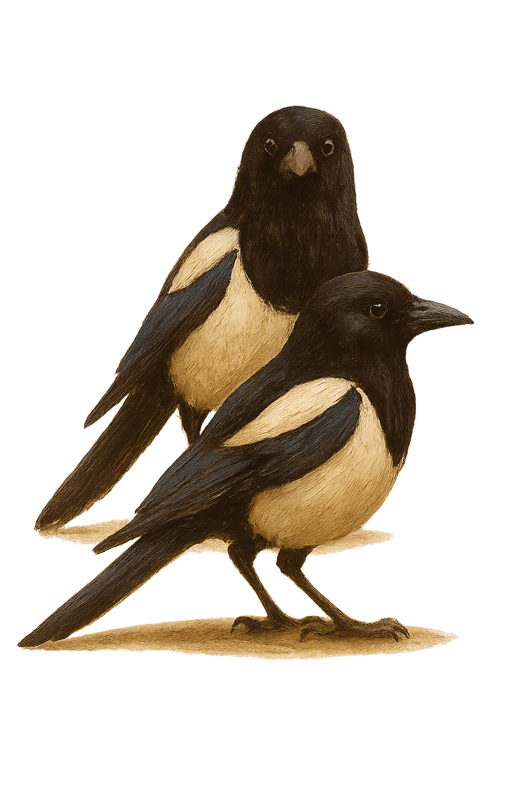 Painting of two stylized birds with black heads and beige bodies, standing side by side on a neutral background.