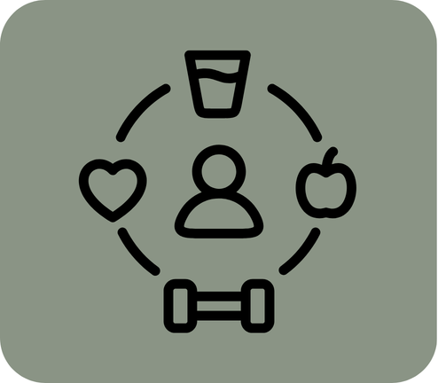 Icon representing lifestyle medicine with a person at the center, surrounded by a glass of water, heart, apple, and dumbbell.