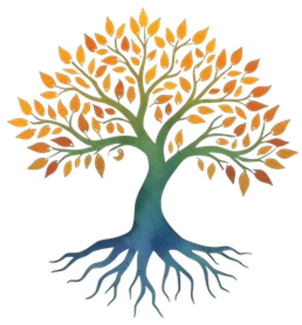 A stylized tree of life with a blue trunk and roots, and orange leaves.