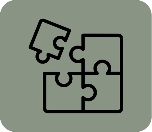 Four interconnected jigsaw puzzle pieces, one is moving towards connecting, on a muted green background, symbolizing integrative medicine