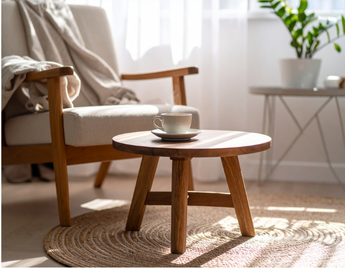 A wooden chair and table with a cup of tea and a blanket preparing for a therapeutic functional medicine telehealth appointment in Alaska