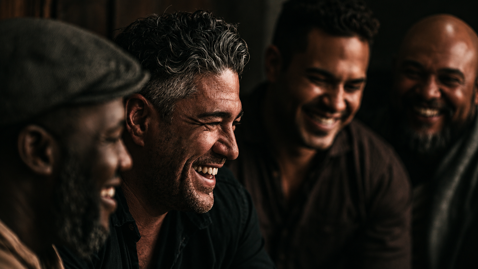 Four men of diverse backgrounds sitting close together, smiling and laughing, in a warmly lit setting.