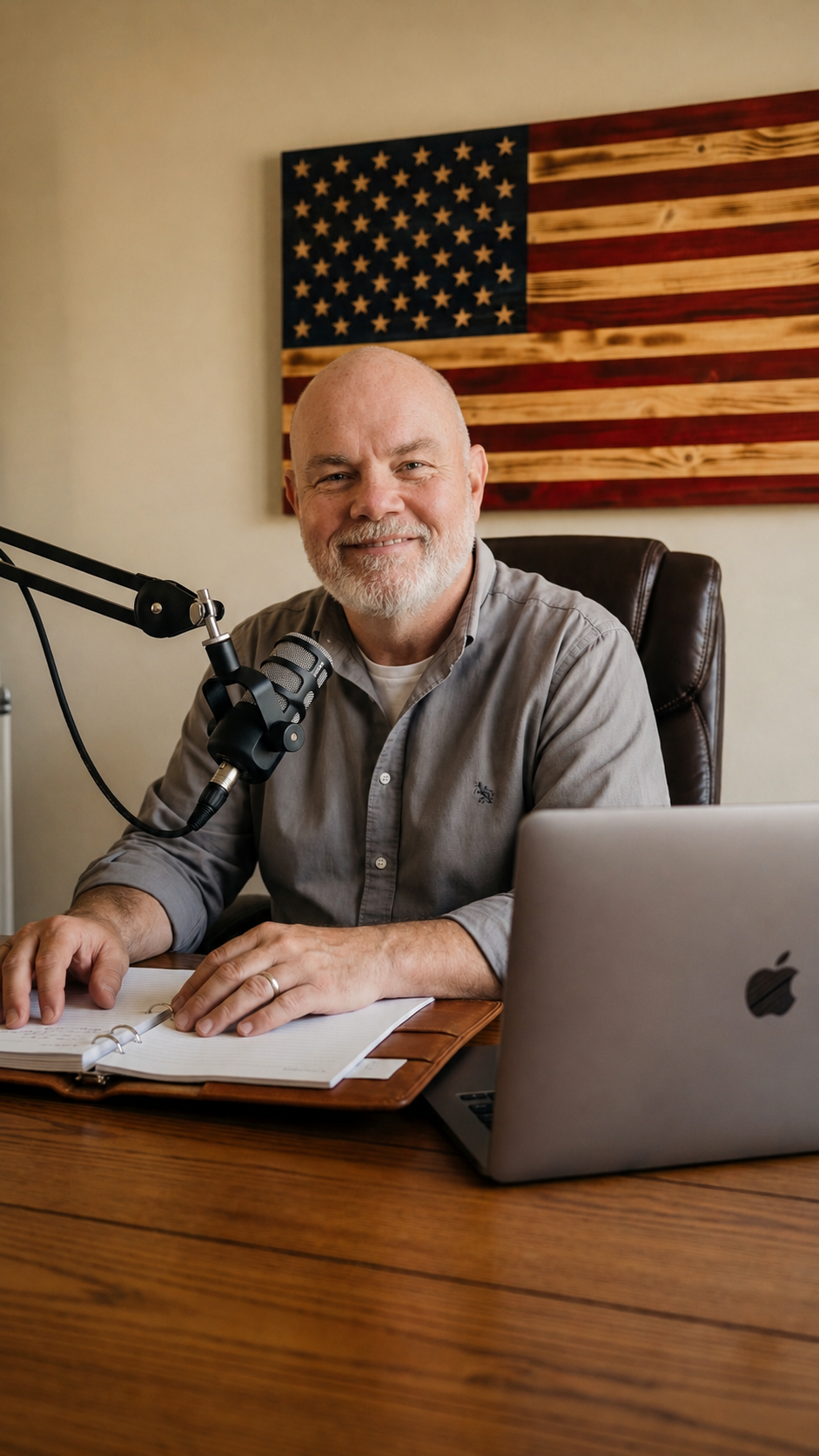 A smiling man sitting at a desk with a microphone, notebook, and laptop, in front of an American flag wall art.