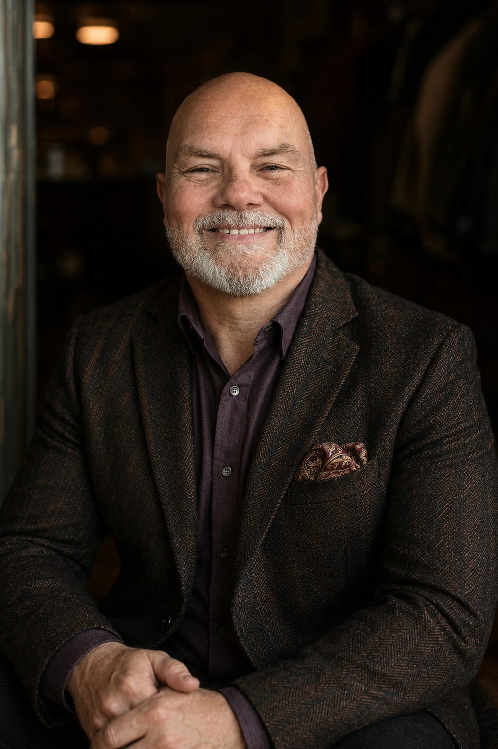 A smiling older man with a beard, wearing a brown blazer with a patterned pocket square, seated indoors with a dark background.