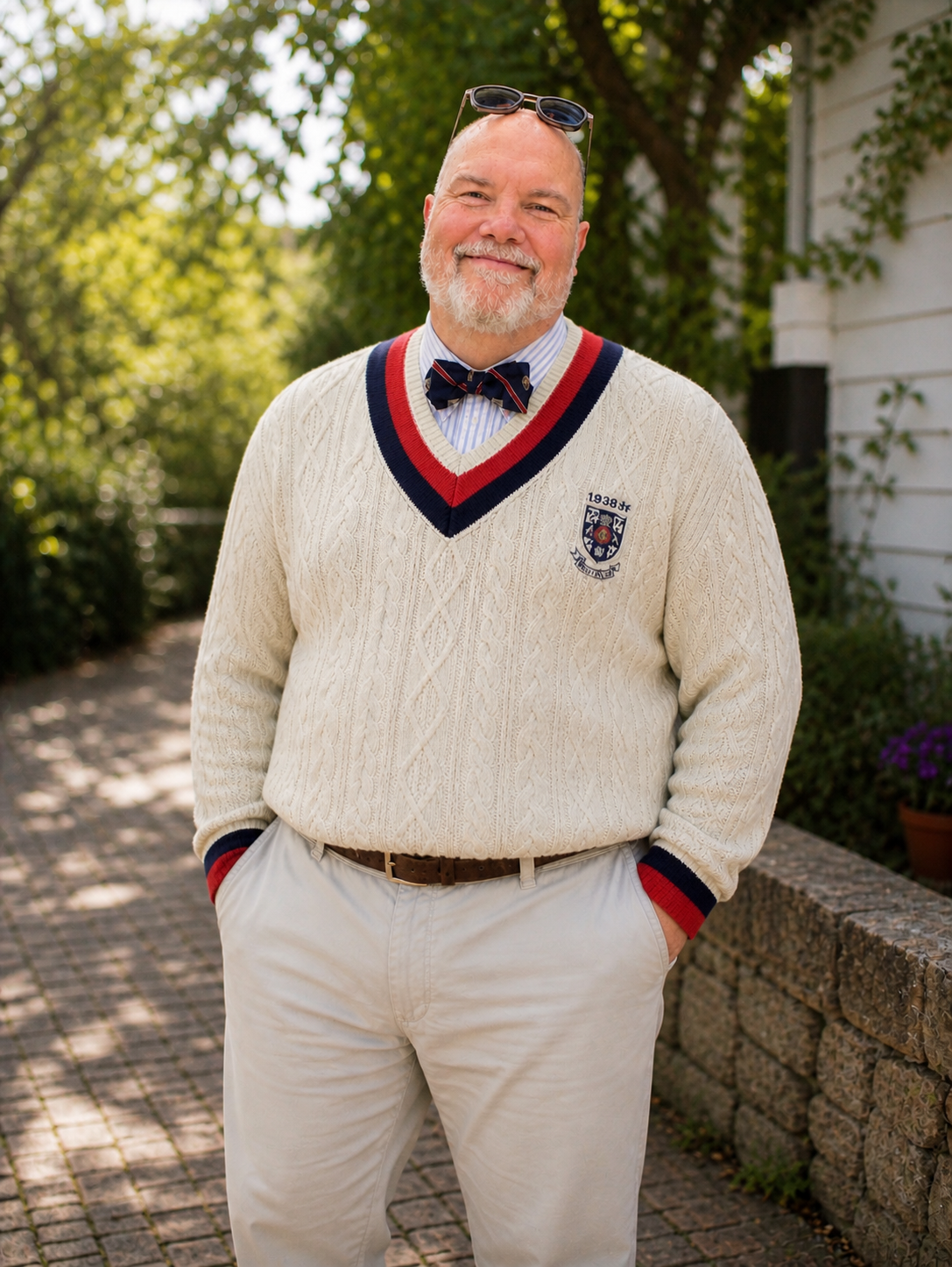 Man standing outdoors, smiling, wearing a cream-colored cable-knit sweater with a crest and the year 1938 on it, a striped shirt, a bow tie, sunglasses on his head, and light-colored pants, with greenery and a white building in the background.
