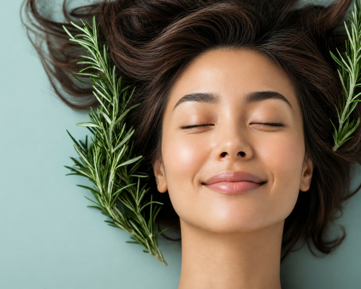 A woman with closed eyes smiling, her hair spread out, surrounded by sprigs of rosemary on a light blue background.