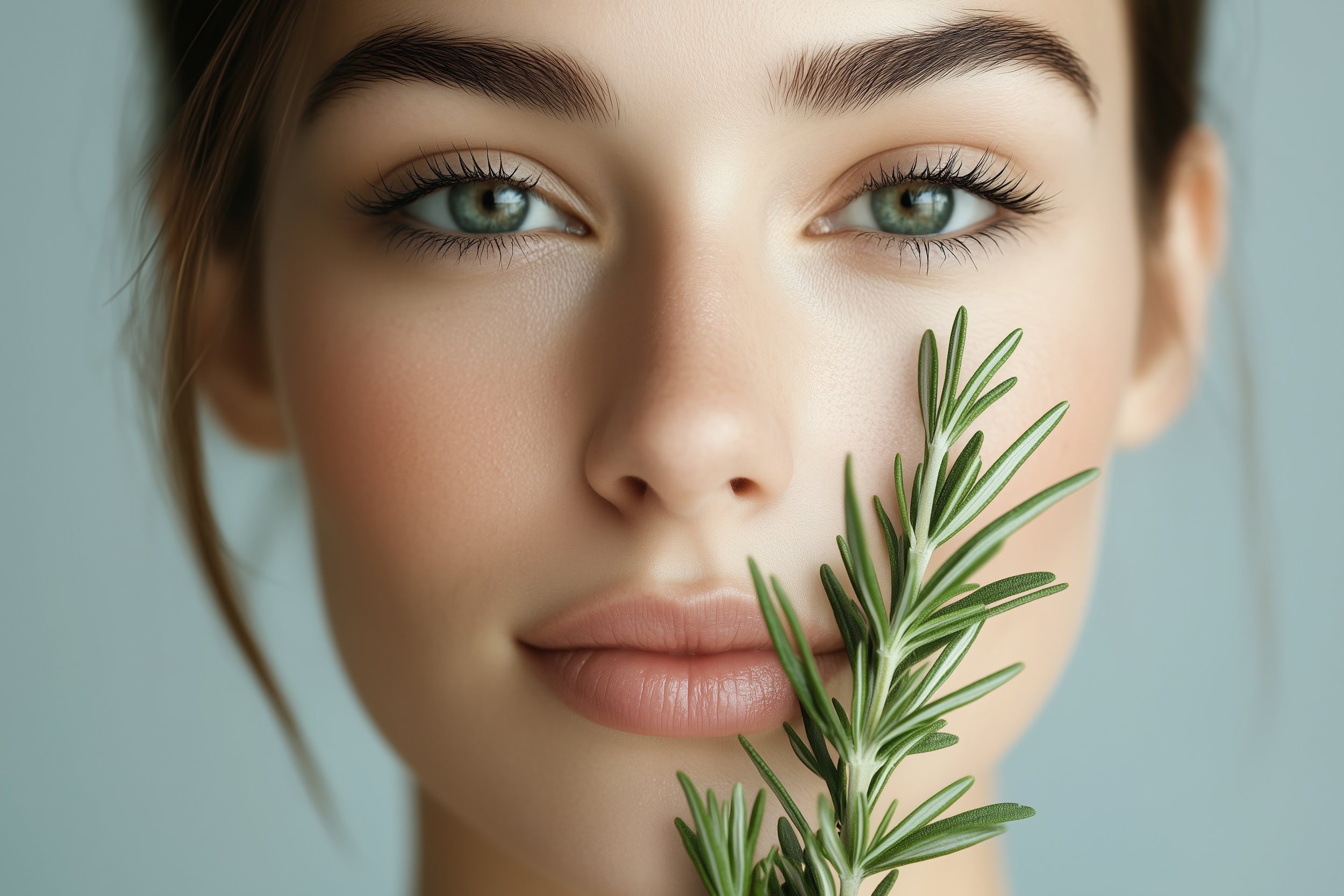 Close-up of a woman with light green eyes and natural makeup, holding a green sprig of rosemary near her face.