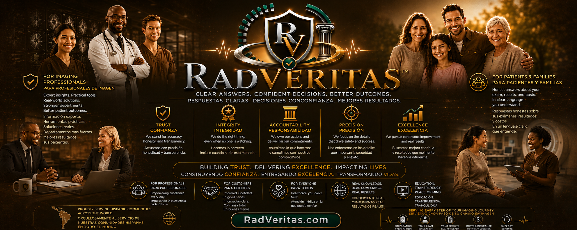 Group of medical professionals and families smiling in a healthcare promotional image for RadVeritas, emphasizing trust, integrity, responsibility, precision, and excellence in healthcare services.