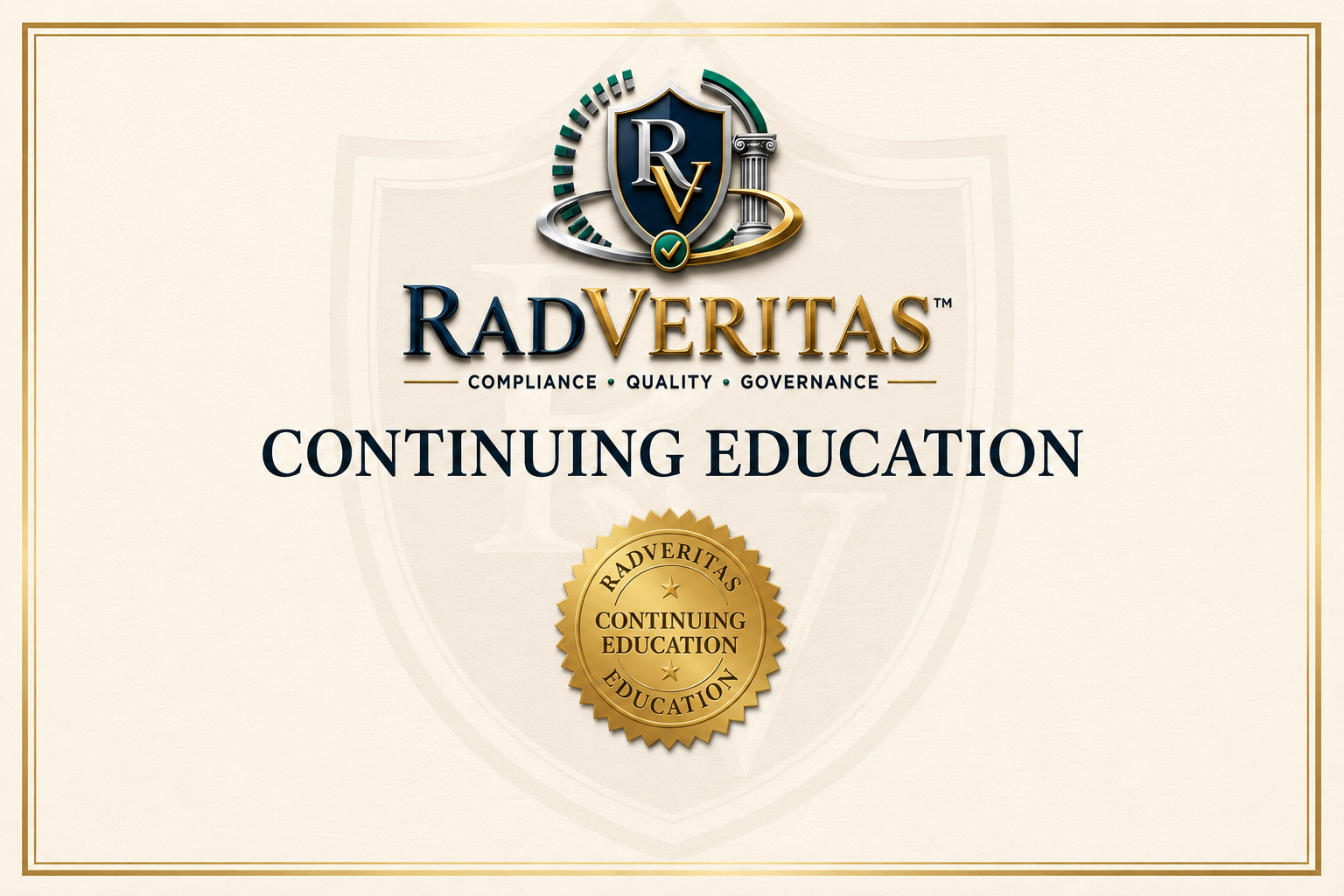 Certificate for RadVeritas Continuing Education with a gold seal and professional logo.