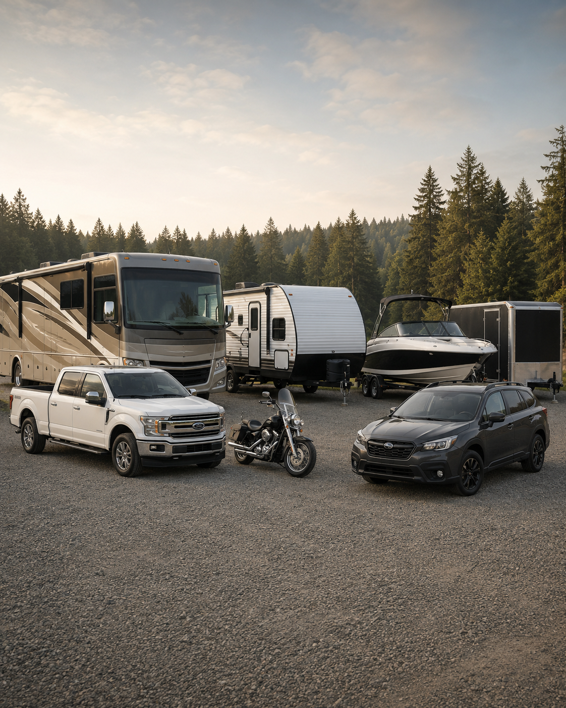 A collection of vehicles including a large motorhome, a travel trailer, a speedboat on a trailer, a white pickup truck, a black SUV, and a motorcycle, parked on a gravel lot with a forested background and a partly cloudy sky.