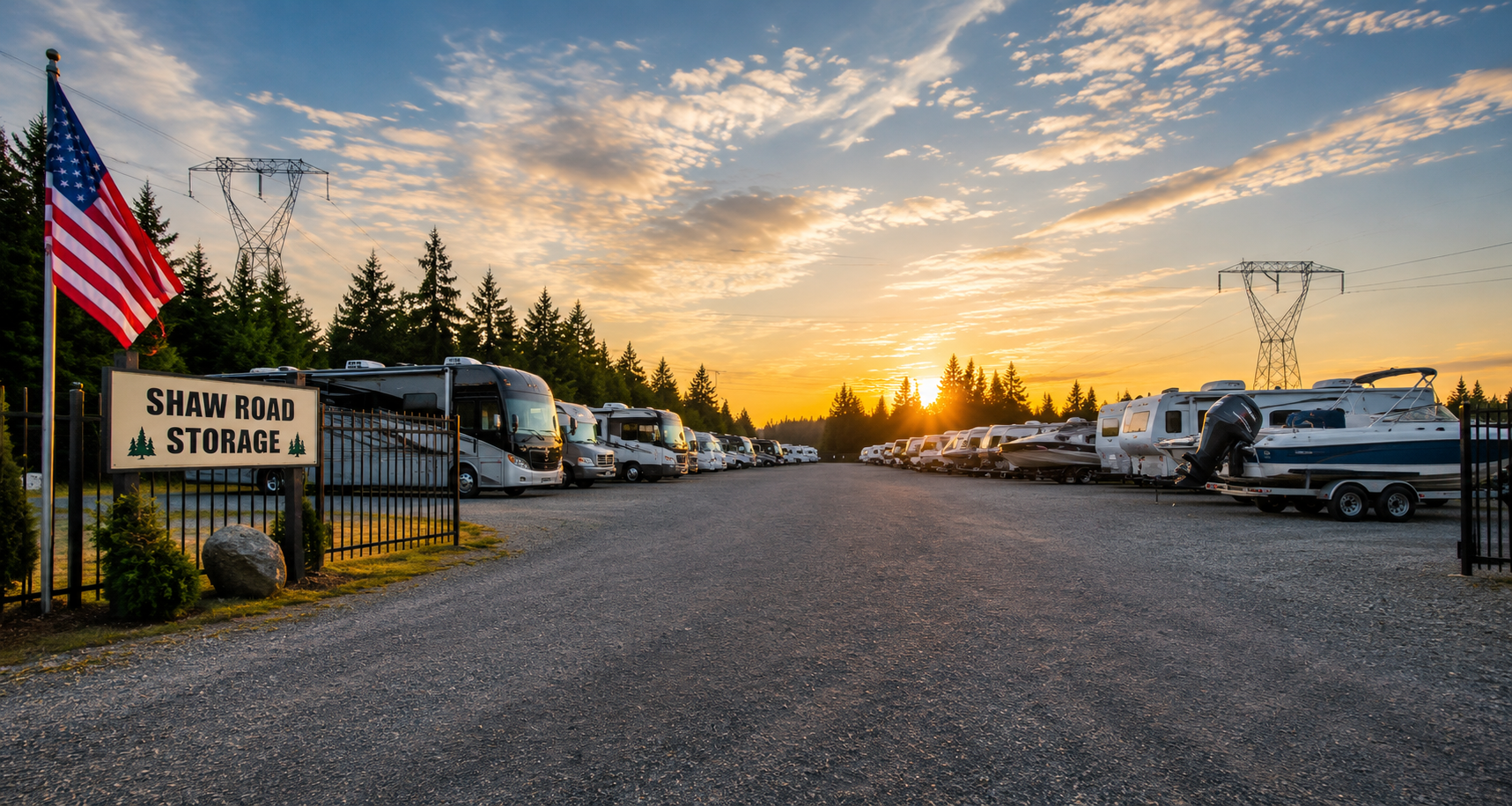 RV and boat storage lot at sunset, with a fence, American flag, sign reading 'Shaw Road Storage', and power lines in the background.