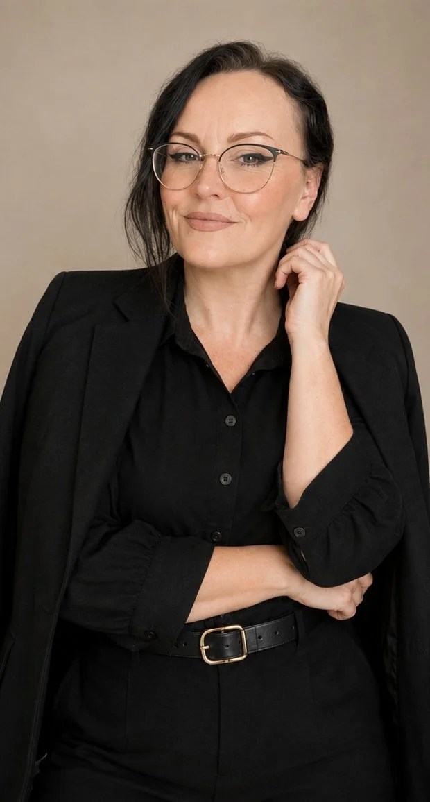 A woman with dark hair, wearing glasses, in a black blazer and shirt, standing against a plain beige background.