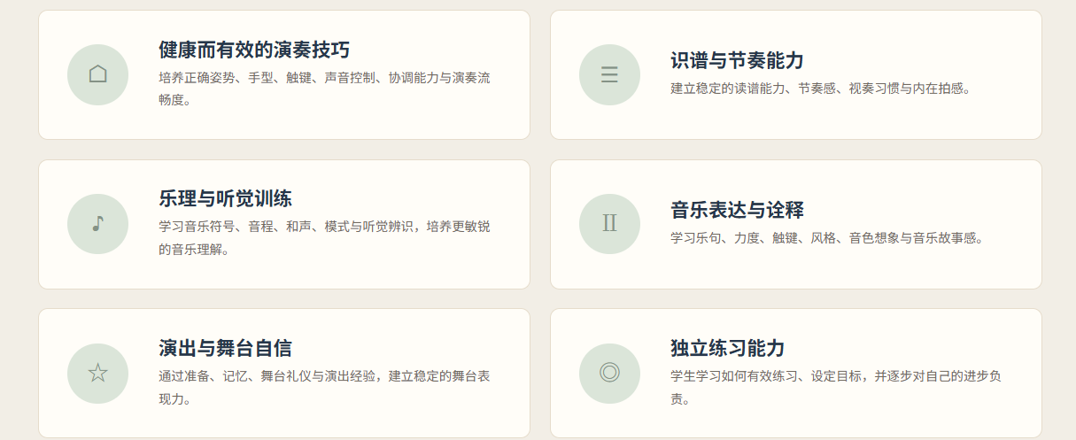 A screenshot of a webpage with six sections, each containing Chinese text and icons, discussing different skills for effective performance, including health tips, understanding and practice, music and listening training, music expression and interpretation, stage confidence, and independent practice ability.