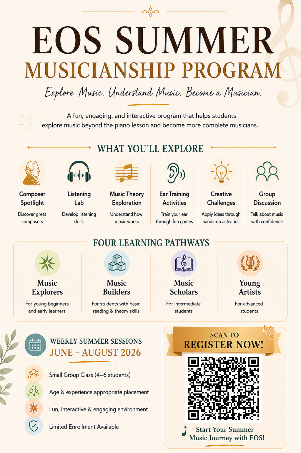 Poster for EOS Summer Musicianship Program, offering activities like composer spotlight, listening lab, music theory, ear training, creative challenges, and group discussion. Features four learning pathways—music explorers, builders, scholars, and young artists—with weekly summer sessions from June to August 2023, and includes a QR code to register.