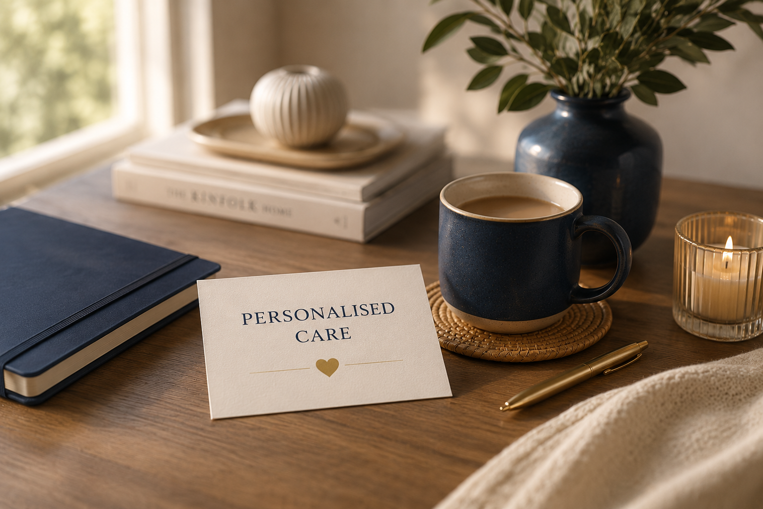A desk setup with a blue notebook, a card reading 'PERSONALISED CARE' with a heart, a blue mug filled with coffee on a woven coaster, a gold pen, a glass candle holder with a lit candle, a blue vase with green and white foliage, and a small white vase on top of a stack of books near a window with natural light.