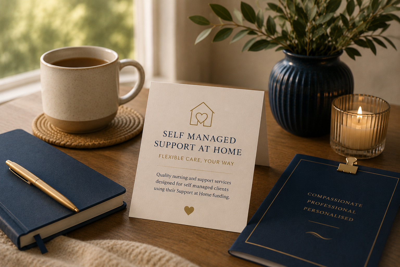 A table setup with a cup of tea, a lit candle in a glass holder, a blue vase with green foliage, a small info card about self-managed support at home, a closed blue notebook with a gold pen, and a blue brochure titled 'Compassionate Professional Personalised.'