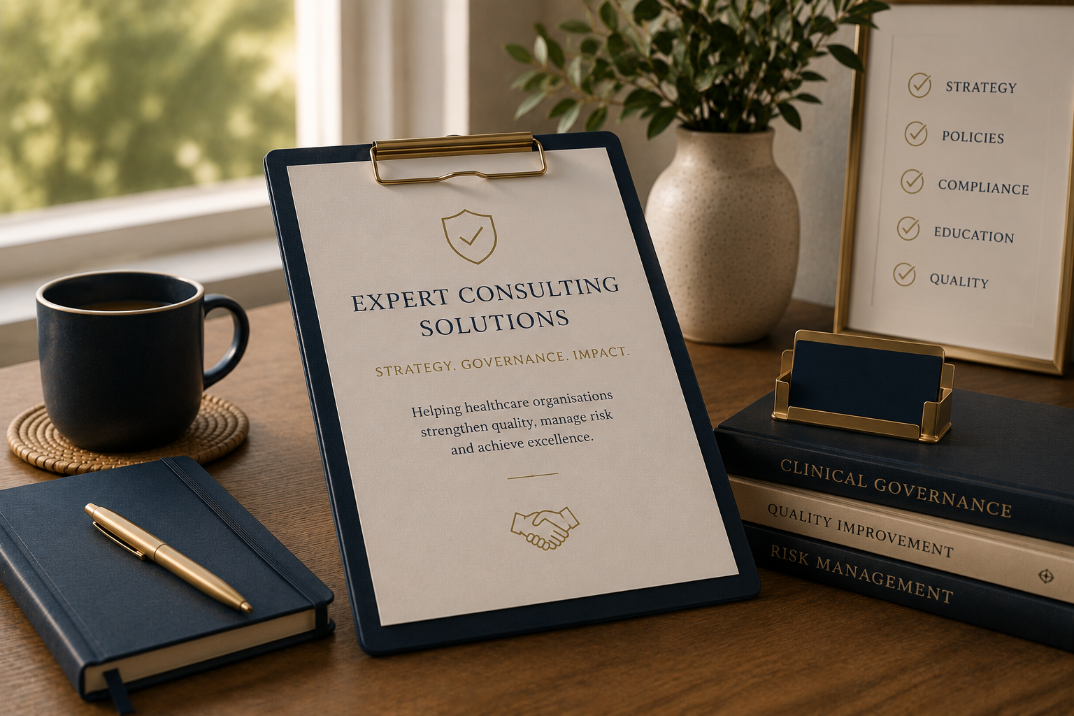 A desk with a clipboard displaying a document titled "Expert Consulting Solutions" with a shield icon and handshake graphic, surrounded by books on clinical governance, quality improvement, and risk management, a gold pen on a dark notebook, black coffee mug, a potted plant, and a framed list of key topics.