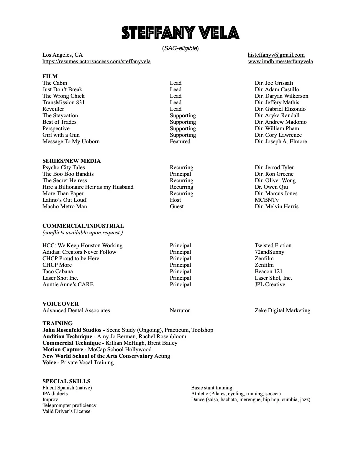 Resume of Steffany Vela listing her contact information, film experience, media series, commercial work, voiceover, training, and special skills.