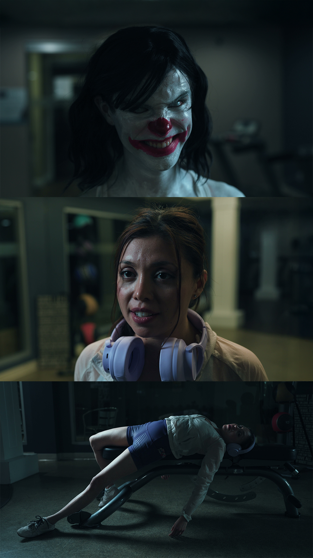 Three scenes from a horror movie: the first shows a woman dressed as a sinister clown with dark hair and smudged makeup, grinning menacingly; the second shows a woman with headphones around her neck, looking worried in a room with exercise equipment; the third shows a young girl in athletic gear lying face down on an examination table, with one arm extended and touching the floor in a dimly lit room.