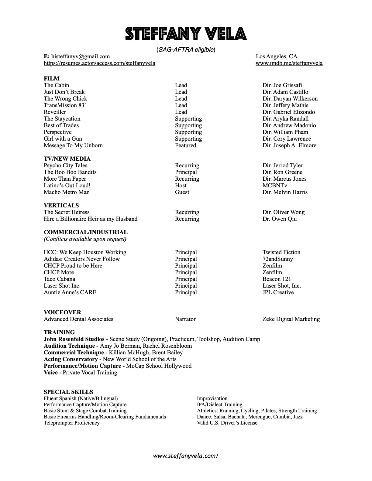 Steffany Vela's acting resume. Includes special skills, IMDb link, training, and special skills.