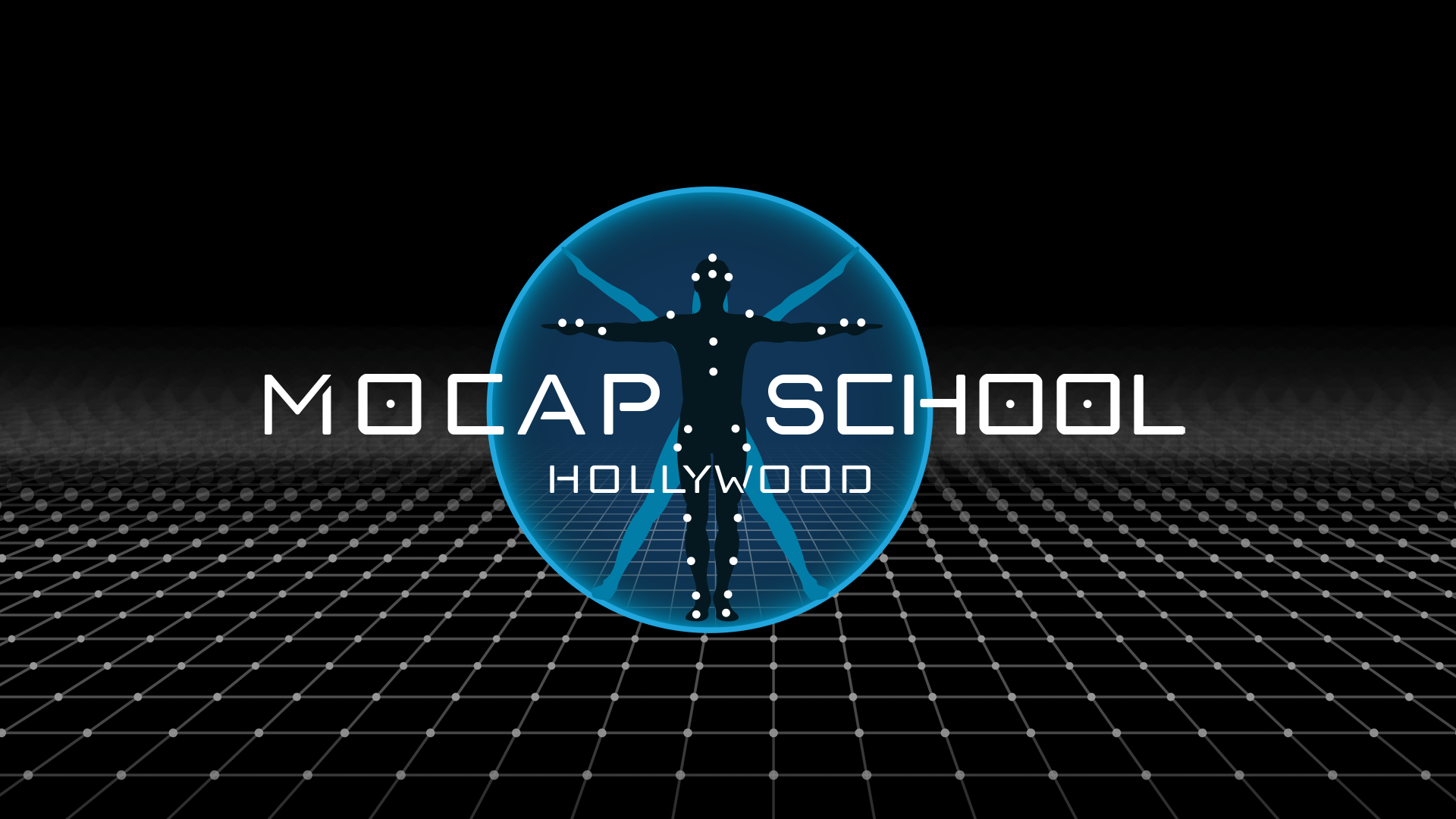 Cover image for MOCAF School Hollywood featuring a digital, neon-style illustration of Leonardo da Vinci's Vitruvian Man inside a glowing sphere on a black background with a grid pattern and the text 'MOCAF School Hollywood' in futuristic font.
