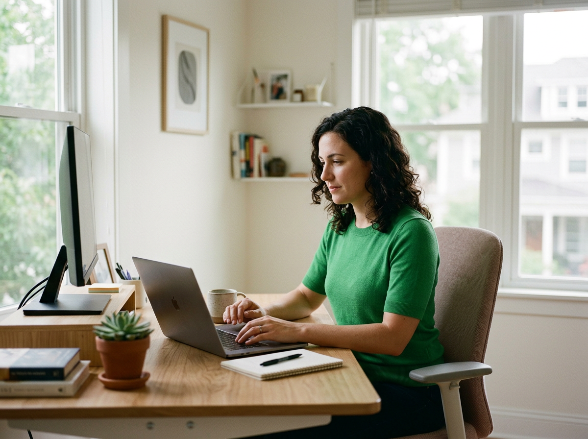 A woman with dark curly hair sitting at a wooden desk in a bright room, working on a laptop, with a computer monitor, a notebook, a pen, a potted plant, and a coffee mug on the desk, with large windows in the background.