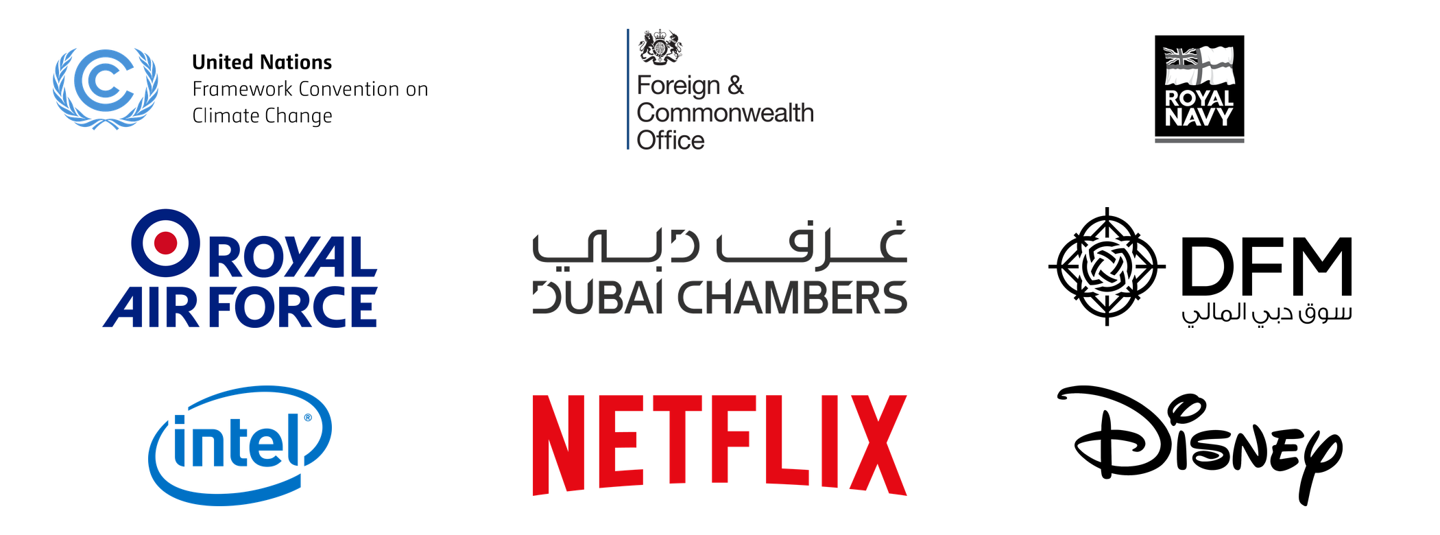 Organizations that Shéa Bennett has worked with, including the United Nations, UK Foreign & Commonwealth Office, Royal Navy, Royal Air Force, Dubai Chambers, Intel and Netflix.
