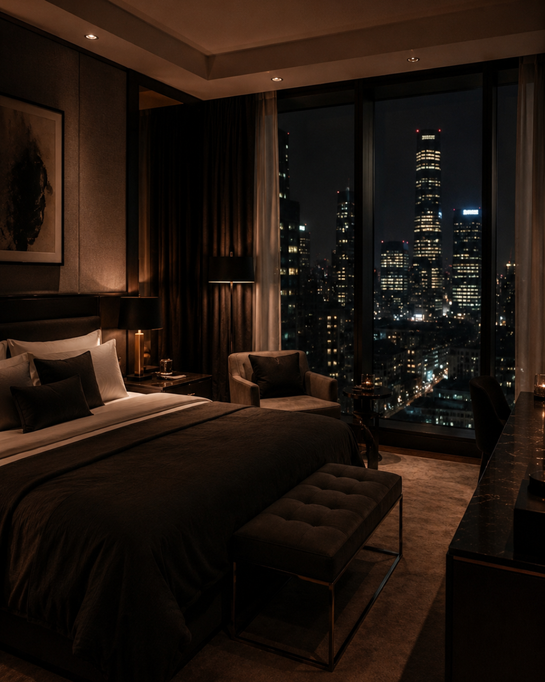 Luxurious hotel room at night with a view of illuminated city skyscrapers through large windows, featuring a neatly made bed with black and white bedding and decorative pillows, a sitting chair, and a cityscape skyline.
