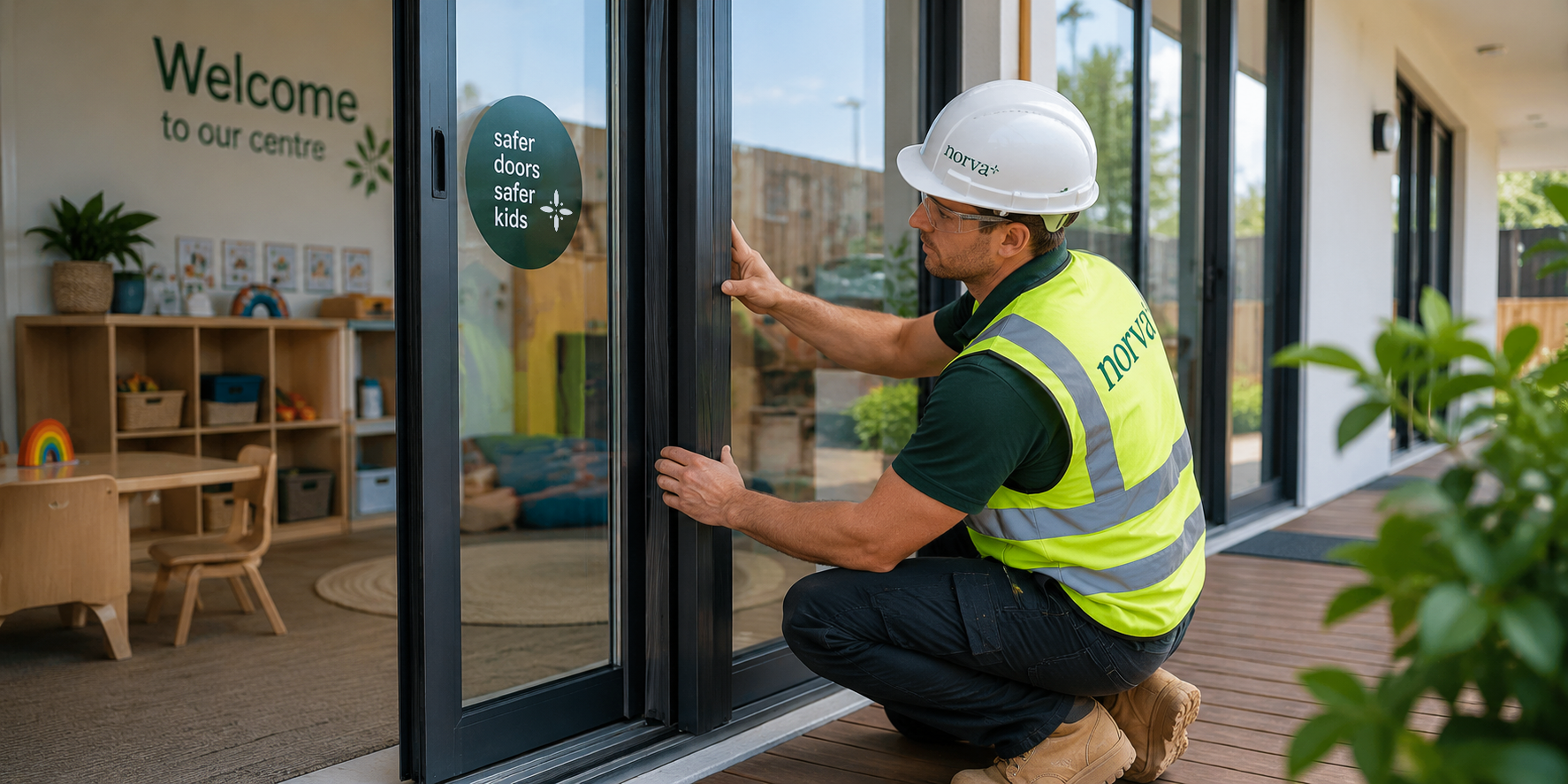 A worker in a yellow safety vest and white hard hat kneels outside a glass door, installing or inspecting it. The interior of a children's playroom is visible through the glass, with shelves of toys and decor including a rainbow and framed pictures. The door has a sign that reads "safer doors safer kids."