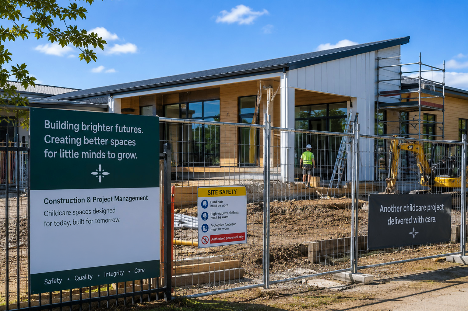 Construction site with a partially built childcare center, surrounded by a fence with signs emphasizing safety and project details.