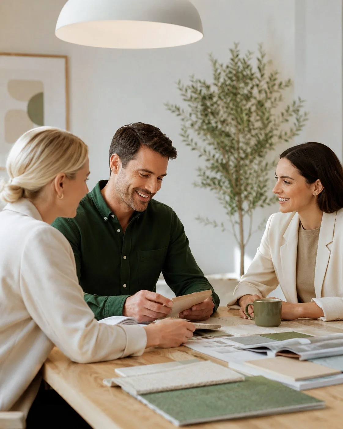 Three people sitting at a table in a bright room, discussing samples and documents, with a man showing something to two women.