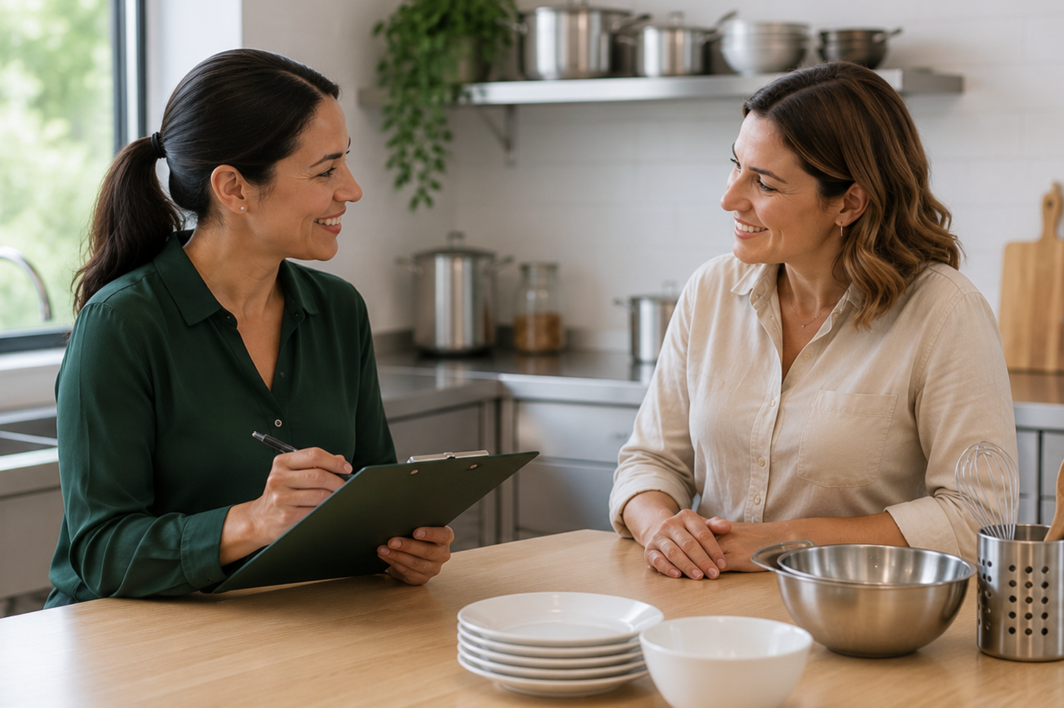 Two women having a conversation in a modern kitchen, one holding a clipboard and pen, smiling at each other.