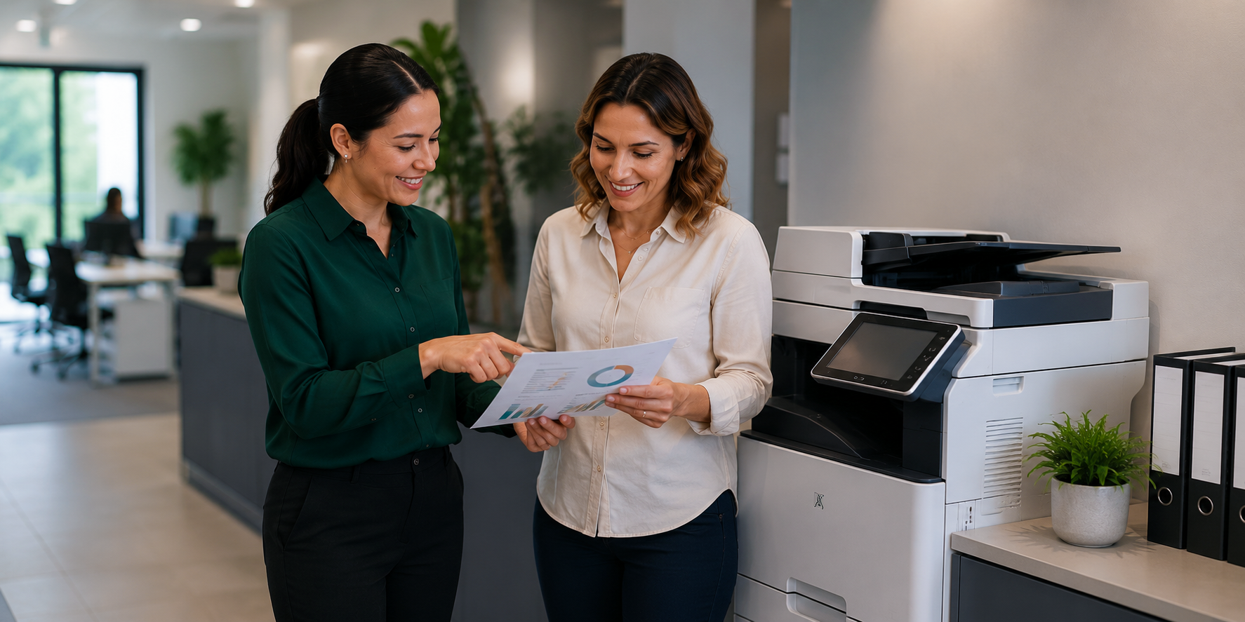 Two women standing in an office near a photocopier, reviewing documents and smiling.