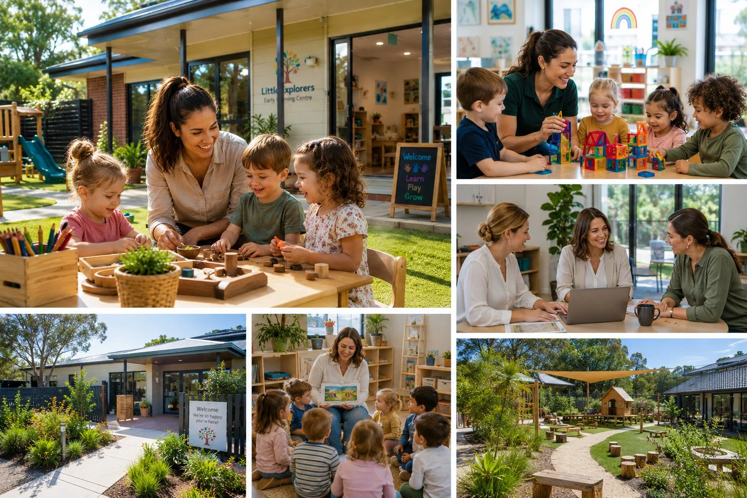 Collage of children and teachers at a preschool, showing outdoor playground, indoor classroom activities, staff meetings, storytelling, and outdoor seating area.