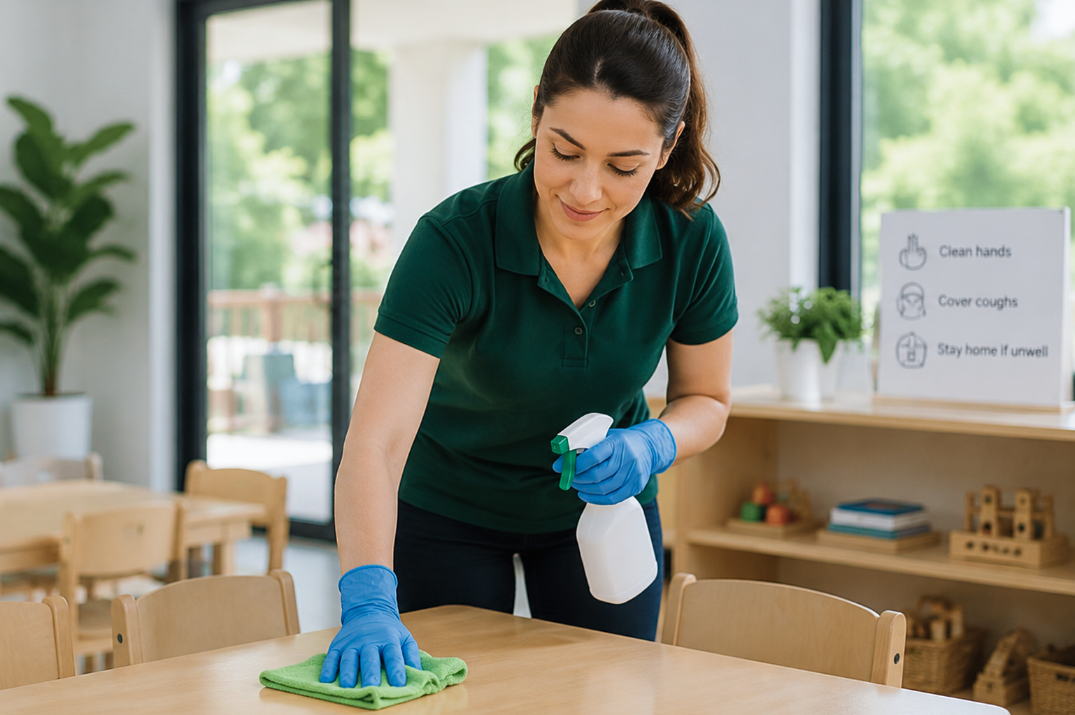 A woman in a green shirt and blue gloves cleaning a wooden table with a spray bottle and green cloth in a bright room with large windows and a sign in the background with health guidelines.