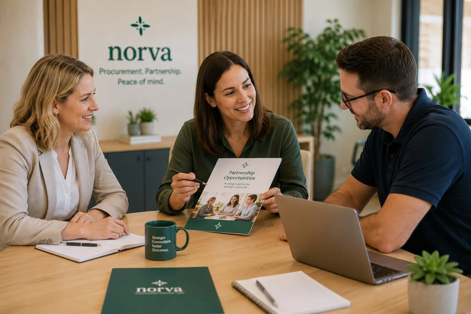 Three professionals sitting at a conference table having a business meeting, with a woman showing a pamphlet titled 'Partnership Opportunities' and a man with a laptop, inside a modern office with plants and a logo on the wall reading 'norva'.